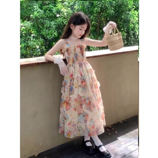 女童2026新款无袖碎花吊带连衣裙夏季度假风收腰中裙公主裙