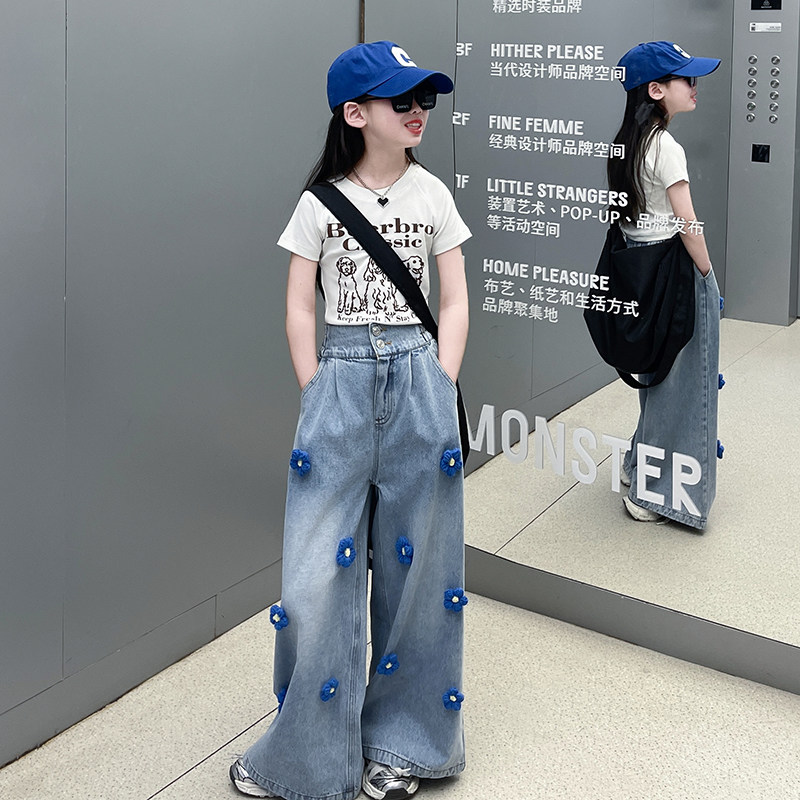 女童花朵阔腿牛仔裤2025春季新款中大童时髦洋气直筒拖地长裤子潮,童装/婴儿装/亲子装,儿童牛仔裤,淘宝优惠券,粉丝福利购,淘宝优惠卷