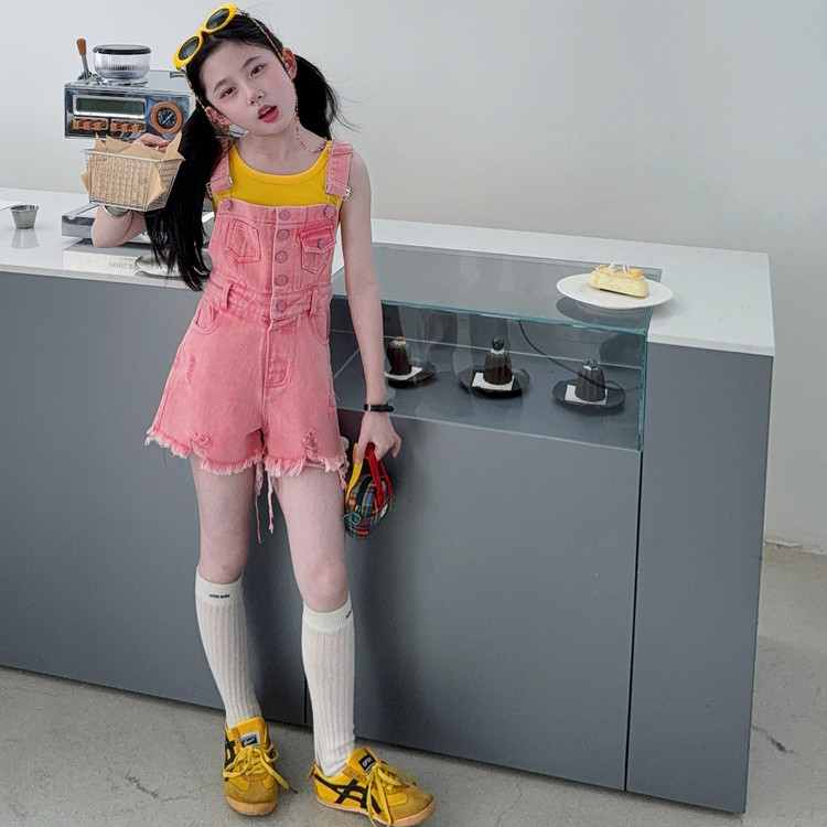 夏季女童多巴胺牛仔背带裤两件套图片