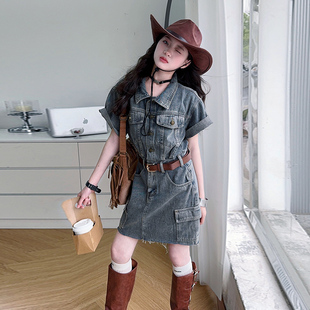 女童港风穿搭独特工装牛仔连衣裙女夏2025新款短款连体裙子短裙潮