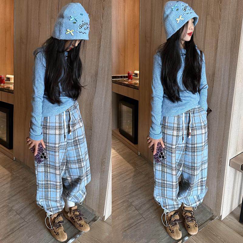 女童蓝色加绒格子裤秋冬2025新款中大童休闲高腰垂感毛呢阔腿裤潮,童装/婴儿装/亲子装,裤子,淘宝优惠券,粉丝福利购,淘宝优惠卷