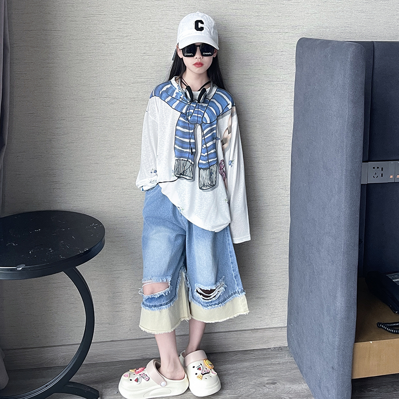 女童牛仔短裤夏季薄款2025新款儿童装宽松破洞中裤女孩洋气休闲裤