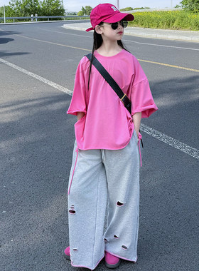 女童夏季慵懒风T恤破洞裤套装