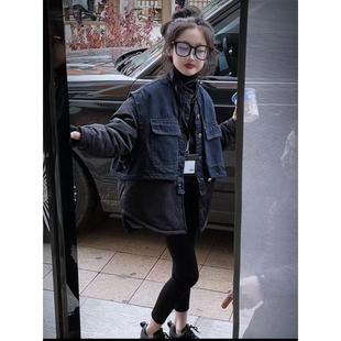 牛仔拼接假两件棉衣外套女童2026秋冬新款宽松大版显瘦中长款棉服