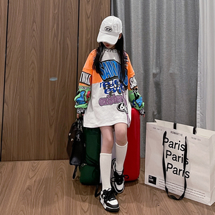 儿童韩版卫衣2025春季新款女孩潮酷街舞上衣机车拼色字母中长T恤