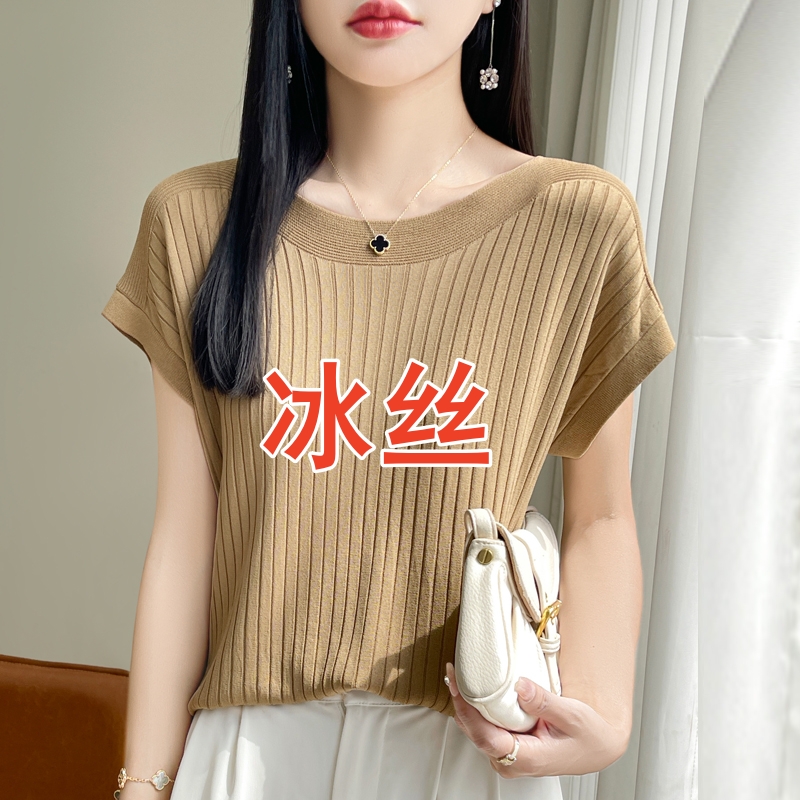 100%圆领正肩冰丝短袖T恤女2025夏季新款上衣宽松大码薄款针织衫
