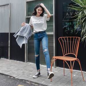 韩国letsdiet破洞牛仔裤春夏女微喇叭裤显瘦弹力外穿小脚打底裤子