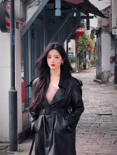 杨超越同款24黑色优质环保蛋白皮衣机车风衣中长款双排扣外套大衣