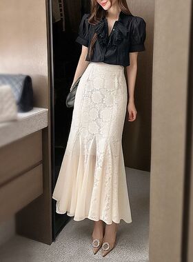 黑色蕾丝鱼尾半身裙女夏高腰显瘦透视雪纺高级感温柔通勤长款A裙