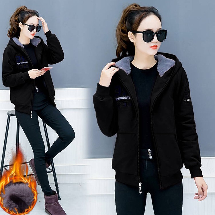 加厚加绒连帽卫衣女2023新款秋冬韩版学院风时尚开衫宽松短外套