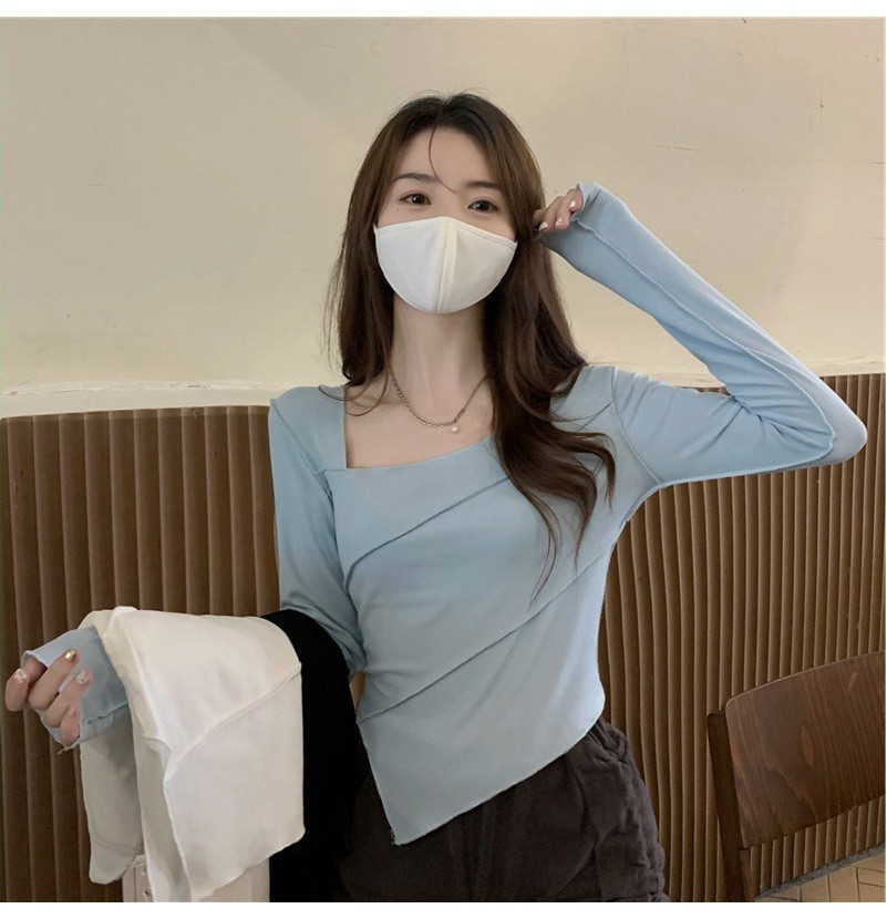 2023年春秋季螺纹秋冬辣妹修身不规则上衣潮ins少女方领T恤长袖