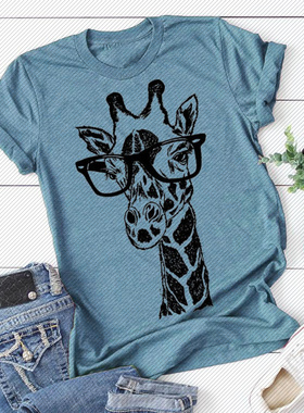 白色多图案女印花T恤速卖通EBAY亚马逊短袖长颈鹿2024TEMU