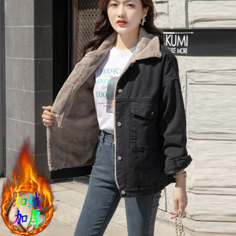 秋冬新款大码加绒加厚牛仔外套女中长款保暖牛仔衣宽松显瘦棉衣潮