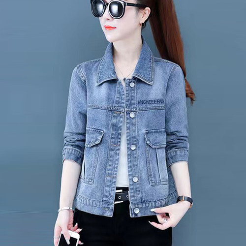 春秋大码修身显瘦刺绣牛仔外套女