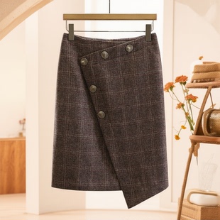 不规则格纹毛呢半身裙25冬新款 40%羊毛高腰一片式 唯 专柜价886