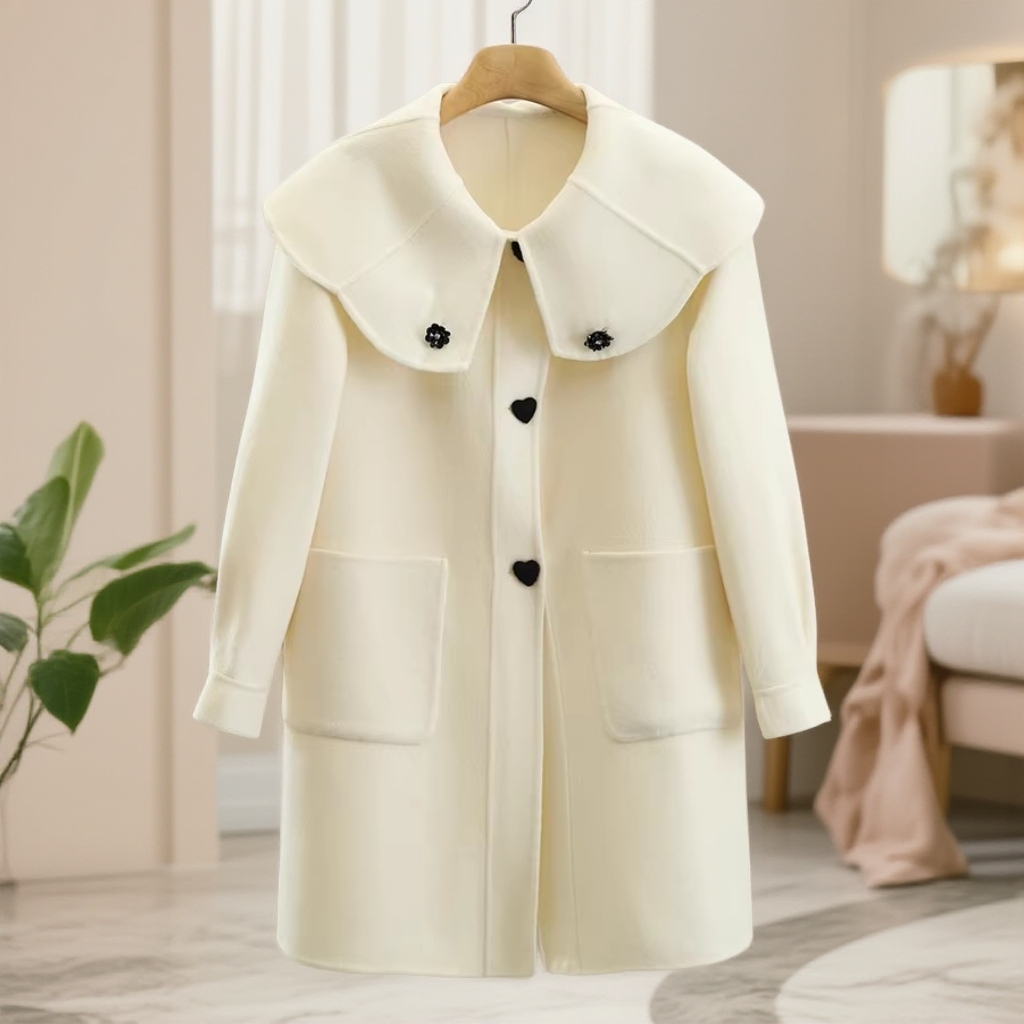 【佳】100绵羊毛配饰娃娃领爱心扣双面呢大衣品牌撤柜25冬长外套