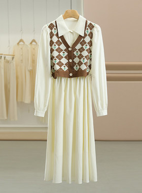 专柜价499【DS】假两件针织拼接设计感收腰长袖连衣裙25秋新款女