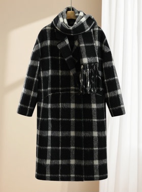冬装首波【影】绵羊毛含羊驼毛文艺风围巾格纹双面呢大衣25冬外套