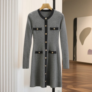 显瘦针织连衣裙007品牌折扣店25冬长袖 撞色修身 法式 裙子女 昔