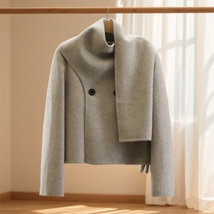 专柜价1999 5%牦牛绒5%骆驼绒羊毛双面呢大衣设计感围巾外套 珂