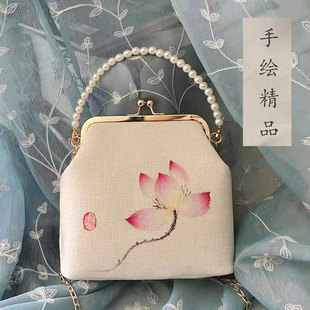 手绘亚麻口金包汉服包旗袍包原创手工手绘复古风中国风斜跨小方包