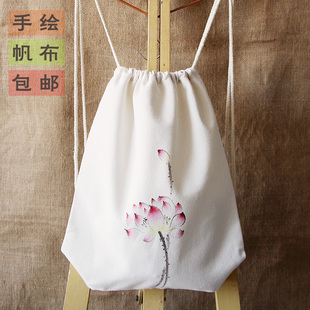 手绘帆布轻便双肩包女包中国风新款书包百搭潮汉服包包包邮哦