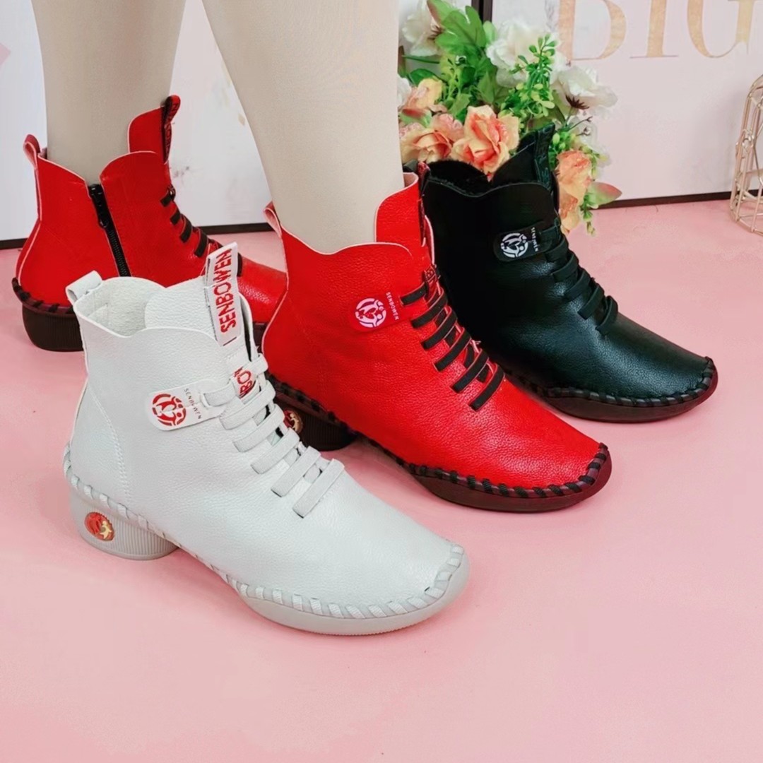 森柏文2023秋冬新款真皮加绒软底手缝妈妈棉鞋中老年休闲舞蹈短靴