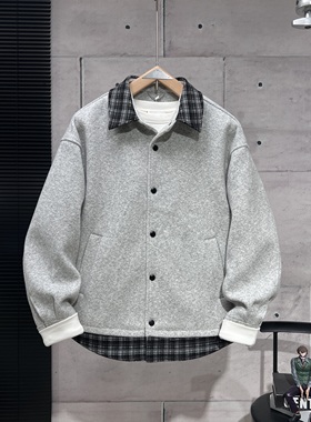 2026春季新款假两件针织毛呢衬衫外套男款宽松假两件拼接翻领外套