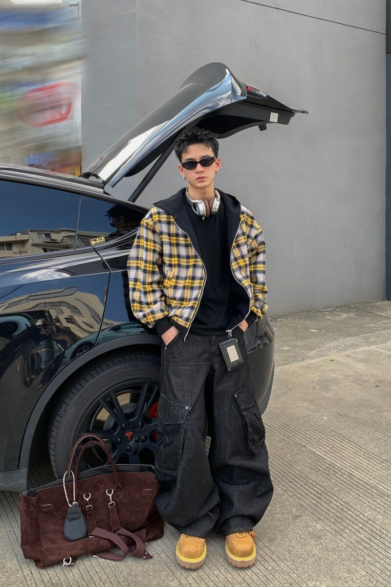 1506-1/WA2501/P60美式复古黄格纹双面穿双开拉链卫衣男,男装卫衣,星座1506-1