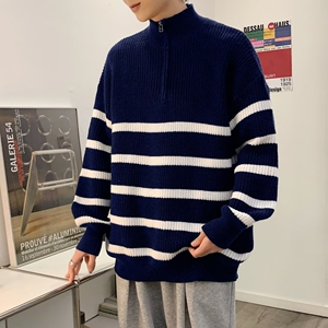 1506/M31171/P54立领撞色条纹毛衣男秋冬季宽松休闲套头针织衫1