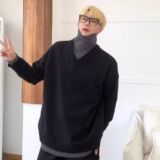 1506/M9101/P52秋冬季纯色假两件拼接V领套头针织衫男2，男装针织衫/毛衣，星座1506-1