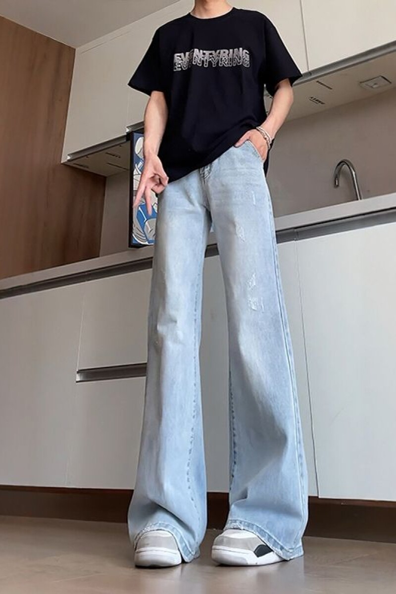 浅蓝色破洞牛仔裤男款微喇叭直筒裤显瘦显腿长美式阔腿弯刀裤子潮,男装牛仔裤,星座1506-1
