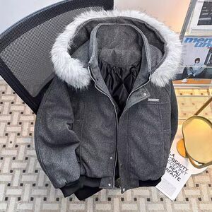 1506/M3671/P86毛呢棉服男女冬季保暖毛领拼接情侣棉衣外套2图片