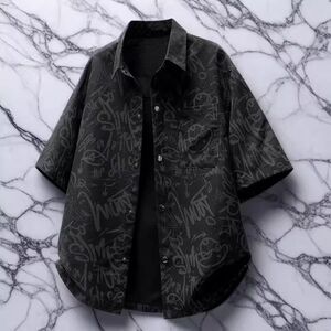 GENIOLAMODE复古翻领冰丝短袖衬衫男士夏季潮牌涂鸦宽松衬衣外套