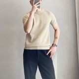 1506-1/TK431/P47纯色简约修身针织冰丝白色男T恤，男装T恤，星座1506-1