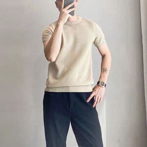 1506-1/TK431/P47纯色简约修身针织冰丝白色男T恤图片