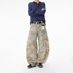 1506-1/KL90331/P89美式复古黄泥染重工脏洗阔腿牛仔裤男图片