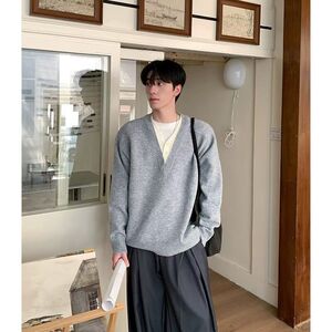 1506/MM53461/P61毛衣美式复古休闲慵懒风V领针织衫男纯色打底衫2图片