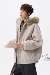 1506/M3671/P86大毛领连帽棉服男款冬季毛呢外套棉衣2图片
