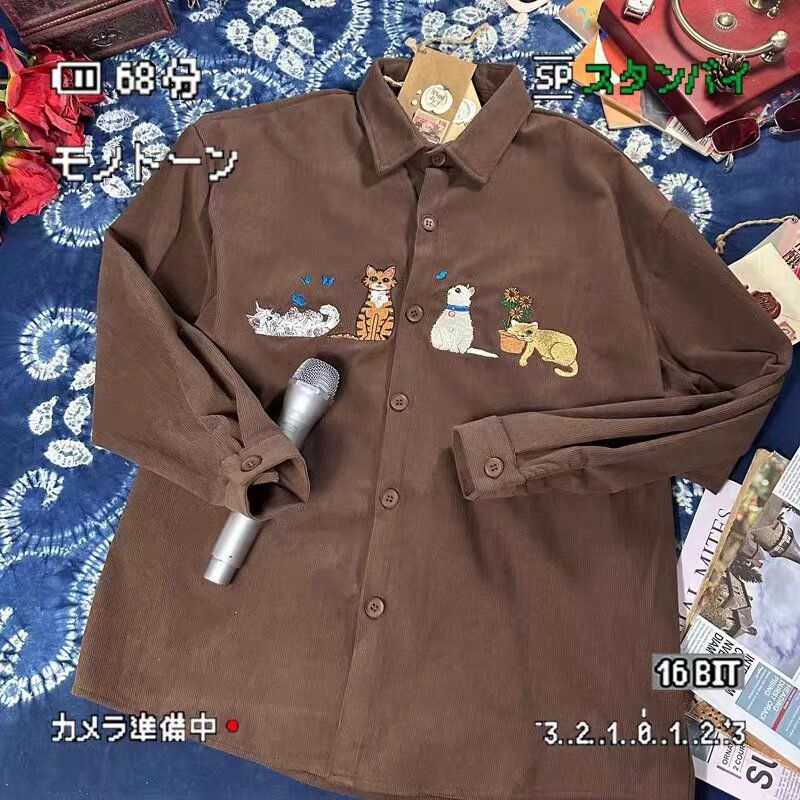 1506-1/CCS3811/P42美式复古灯芯绒猫咪刺绣长袖衬衫，男装衬衫，星座1506-1