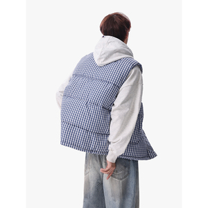 1506/QA030/P52美式格子风立领马甲男加厚棉服背心格纹背心图片