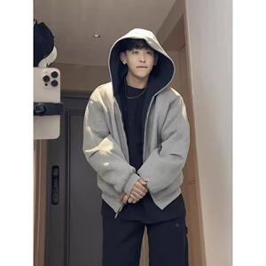1506-1/W82801/P56超厚款双拉链短款连帽开衫卫衣男图片