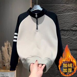 1506/QJW1240/P46秋冬加绒款男士时尚百搭撞色半拉链立领卫衣3图片