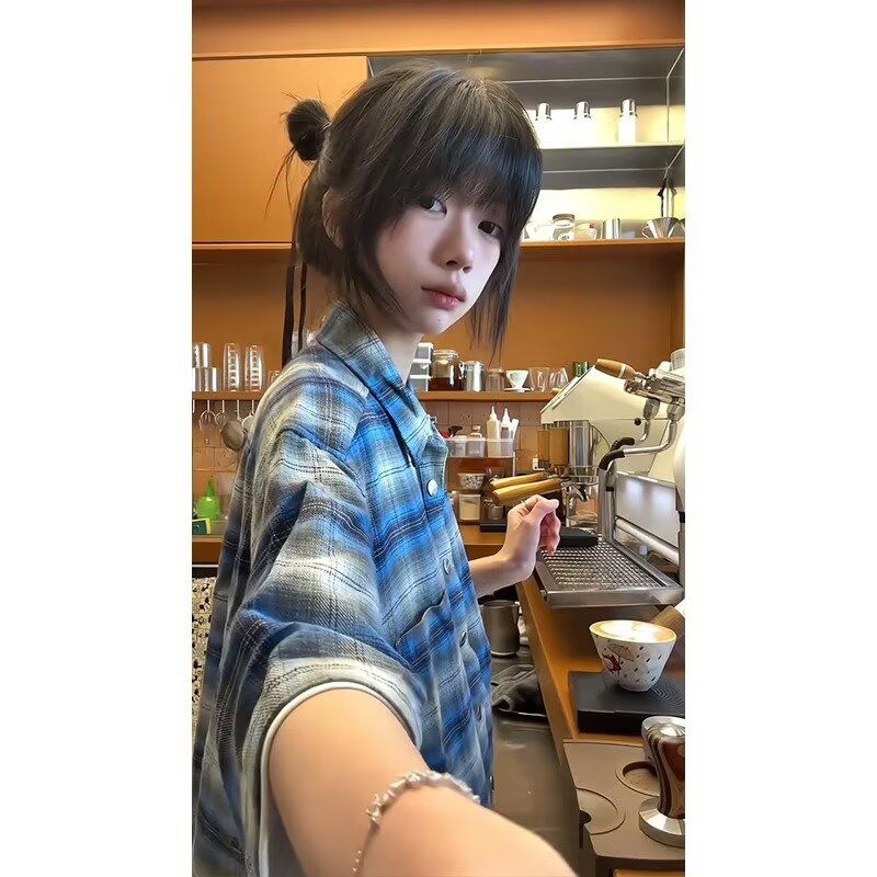 1506-1/CHJ851/P36撞色日系格子衬衫男复古潮牌宽松bf休闲外套,男装衬衫,星座1506-1