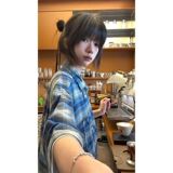 1506-1/CHJ851/P36撞色日系格子衬衫男复古潮牌宽松bf休闲外套，男装衬衫，星座1506-1