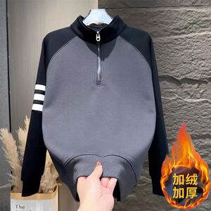 1506/QJW1240/P46秋冬加绒款男士时尚百搭撞色半拉链立领卫衣3图片