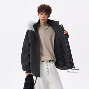 1506/M3671/P86大毛领连帽棉服男款冬季毛呢外套棉衣2图片