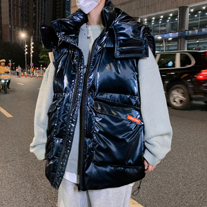 藏蓝色羽绒服连帽可拆卸亮面白鸭绒马甲工装外套2021/P360,白色搭配蓝色球衣图片