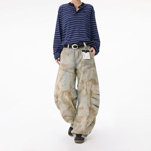 1506-1/KL90331/P89美式复古黄泥染重工脏洗阔腿牛仔裤男图片
