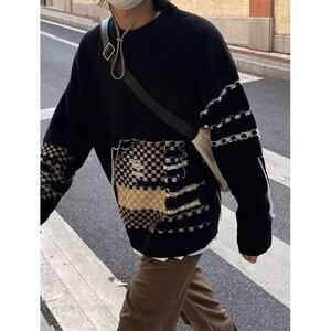 1506/M01331/P52加厚毛衣复古拼接流苏针织衫日系休闲圆领毛衣1图片